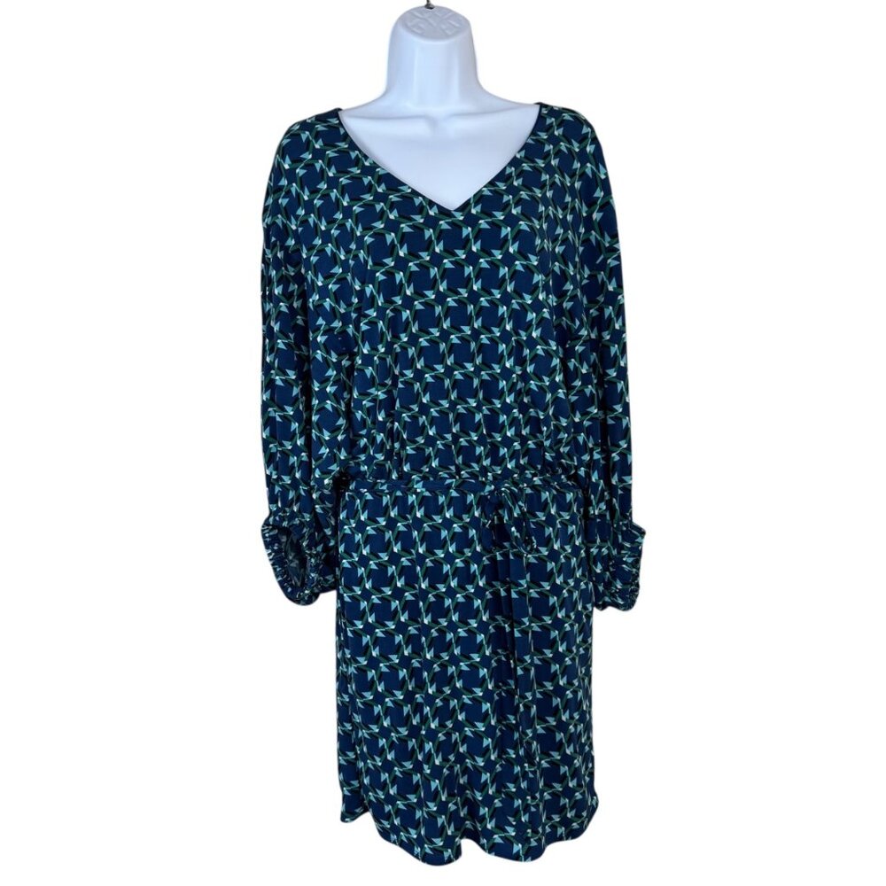 Laundry by Shelli Segal Blue Green Dress Stretch Pull Over Size 10 Belted V Neck